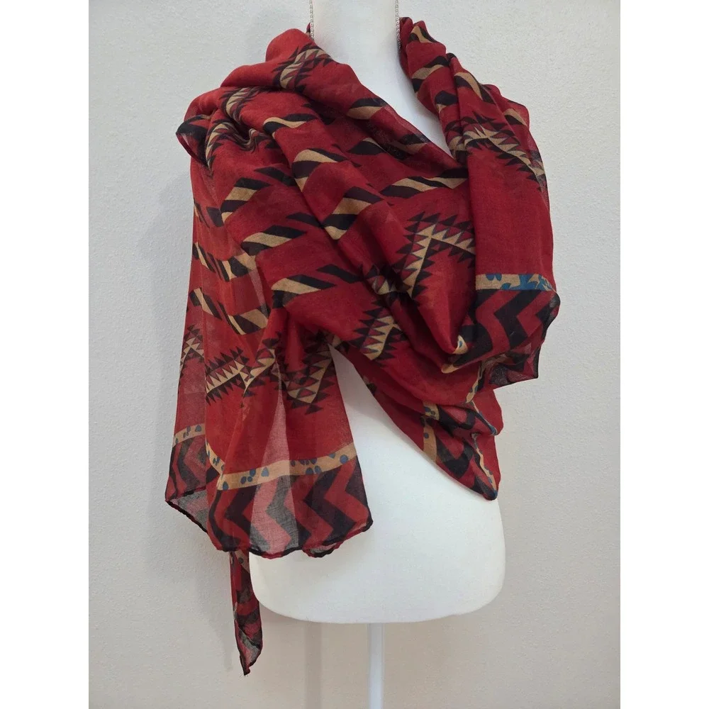 Red Geometric Tribal Print Lightweight Sheer Scarf Bohemian Southwestern Shawl‎